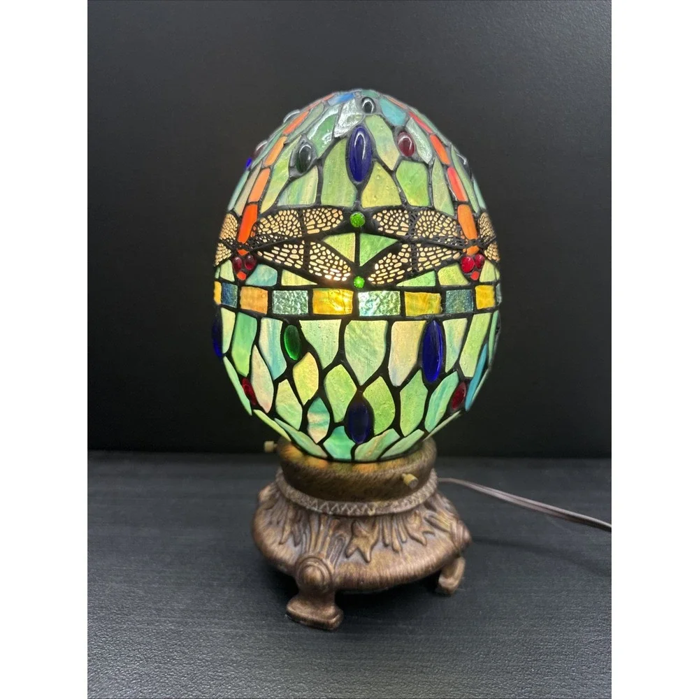 Dale Tiffany Dragonfly Motif Egg Shaped Stained Glass Accent Lamp